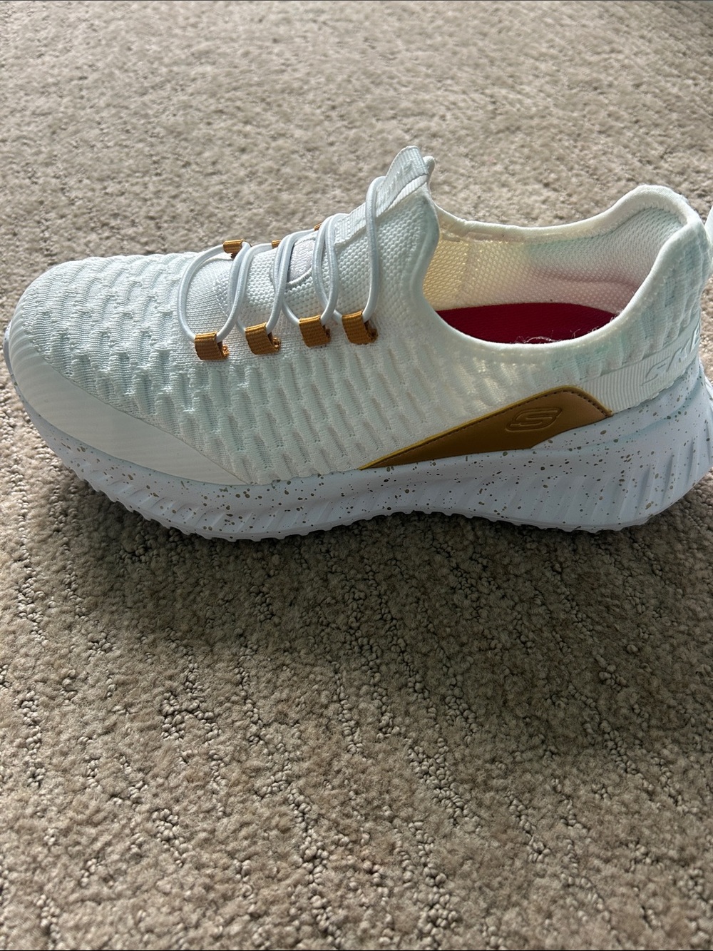 Skechers White Knit Slip-On Sneakers with Gold Accent Loops - Picture 12 of 13